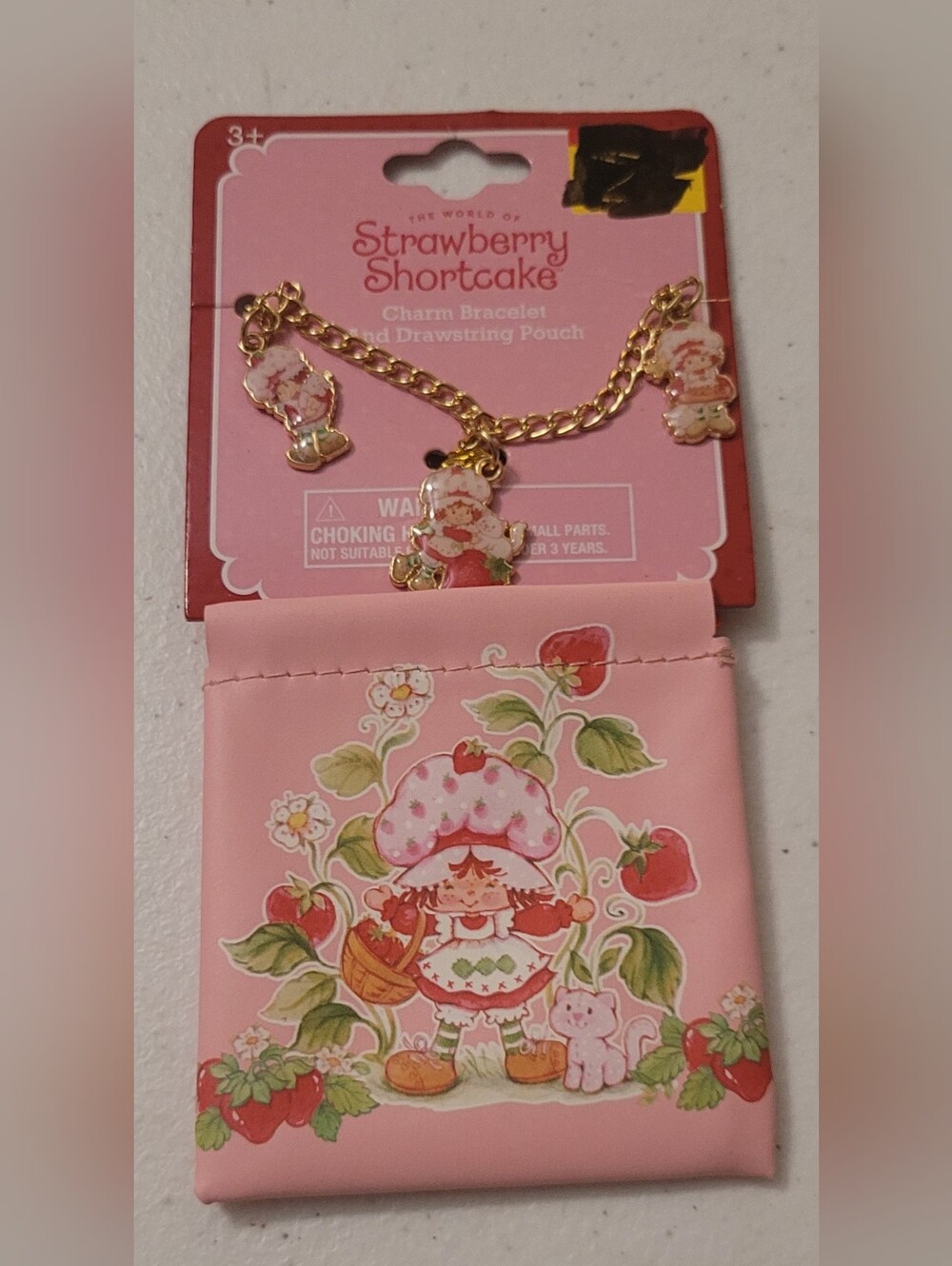 Strawberry Shortcake Pink Charm Bracelet & Earringsi n A Drawstring Pouch